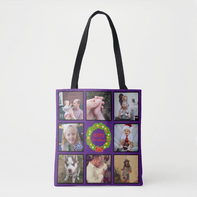 Merry Christmas Wreath Custom Photo Collage Tote Bag (Front)