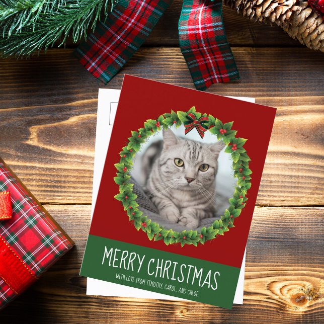 Merry Christmas Wreath Cute Custom Cat Photo Red Postcard (Creator Uploaded)