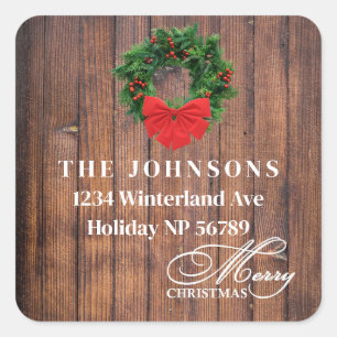 Merry Christmas Wreath  Dark Wood Address Label