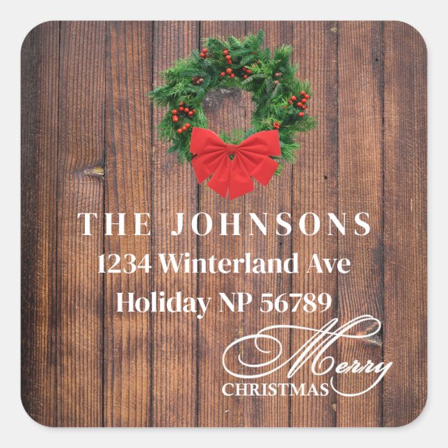 Merry Christmas Wreath  Dark Wood Address Label (Front)