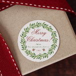 Merry Christmas Wreath Family  Classic Round Sticker<br><div class="desc">Beautiful greenery wreath and berries "Merry Christmas" customisable stickers.</div>