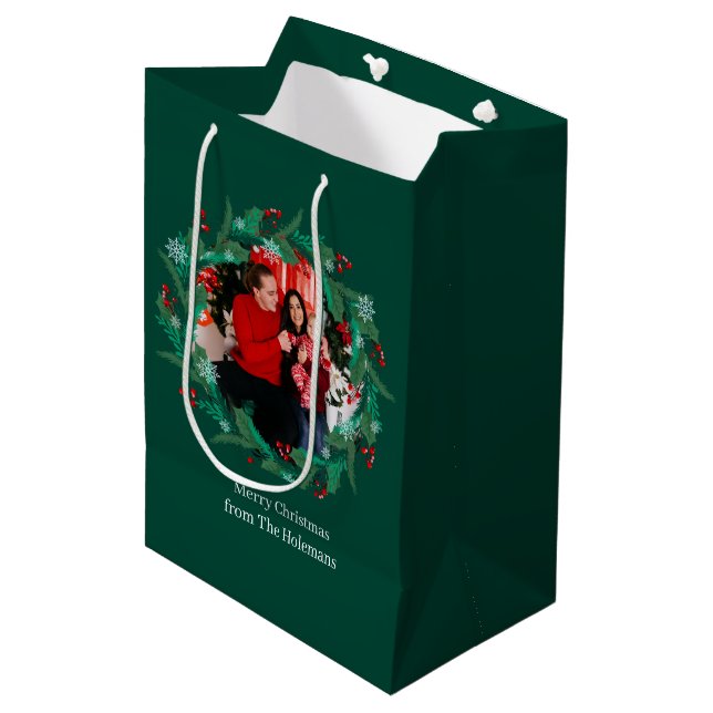 Merry Christmas Wreath Family Photo Personalized Medium Gift Bag (Front Angled)