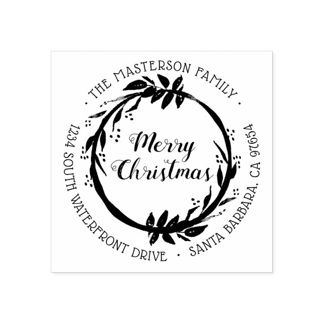 Merry Christmas Wreath Family Return Address Rubber Stamp (Imprint)