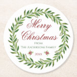 Merry Christmas Wreath Family  Round Paper Coaster<br><div class="desc">Beautiful greenery wreath and berries "Merry Christmas" customisable paper coasters.</div>