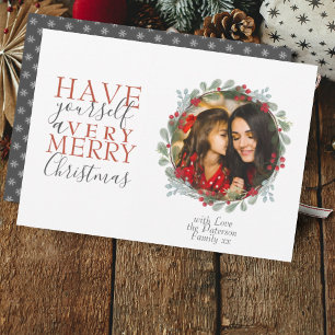Merry Christmas Wreath Foliage Photo Holiday Card