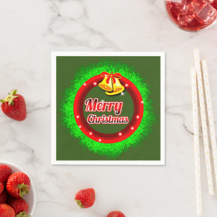 Merry Christmas Wreath Gold Bell Red Green Napkin