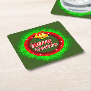 Merry Christmas Wreath Gold Bell Red Green Square Paper Coaster