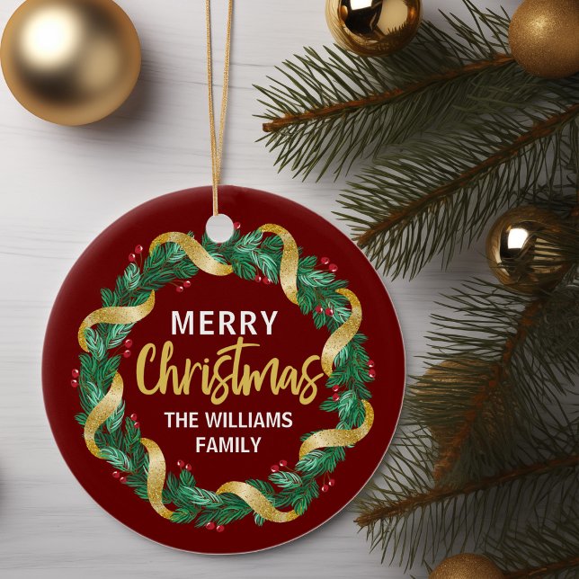 Merry Christmas Wreath Gold Family Custom Red Ceramic Tree Decoration (Creator Uploaded)