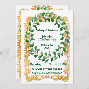 Merry Christmas Wreath Gold Frame Party Invitation