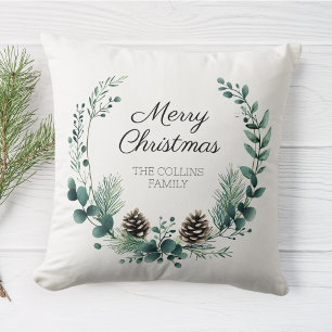 Merry Christmas Wreath Green Pine Cone Farmhouse Cushion