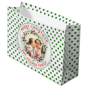 Merry Christmas, wreath, green white dots photo Large Gift Bag