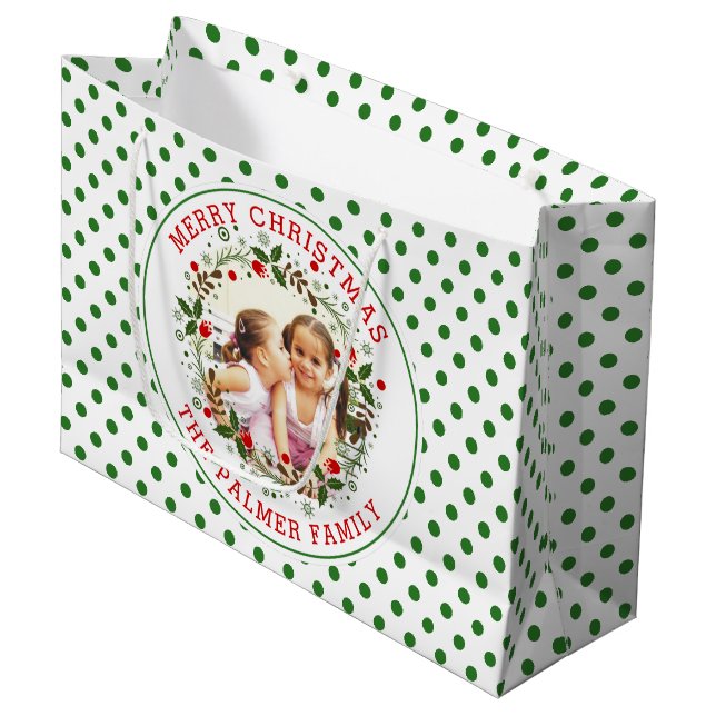 Merry Christmas, wreath, green white dots photo Large Gift Bag (Front Angled)