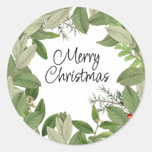 Merry Christmas Wreath Greenery Leaves Holiday Classic Round Sticker