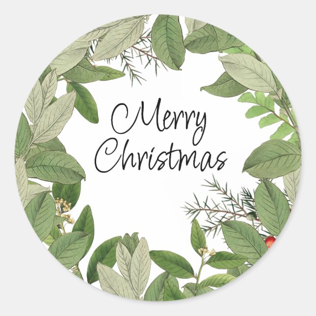 Merry Christmas Wreath Greenery Leaves Holiday Classic Round Sticker (Front)