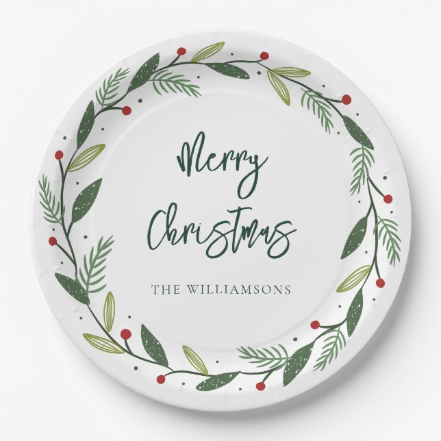 Merry Christmas Wreath Hand-Lettered Holidays Paper Plate (Front)