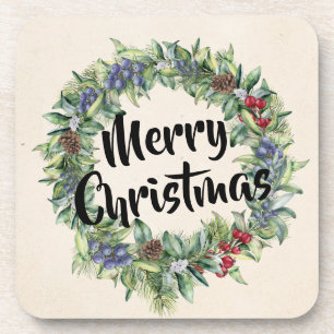 Merry Christmas - Wreath - Hand Painted Watercolor Coaster