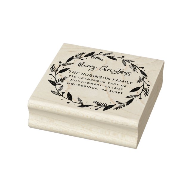 Merry Christmas Wreath Handwritten Return Address Rubber Stamp (Stamp)