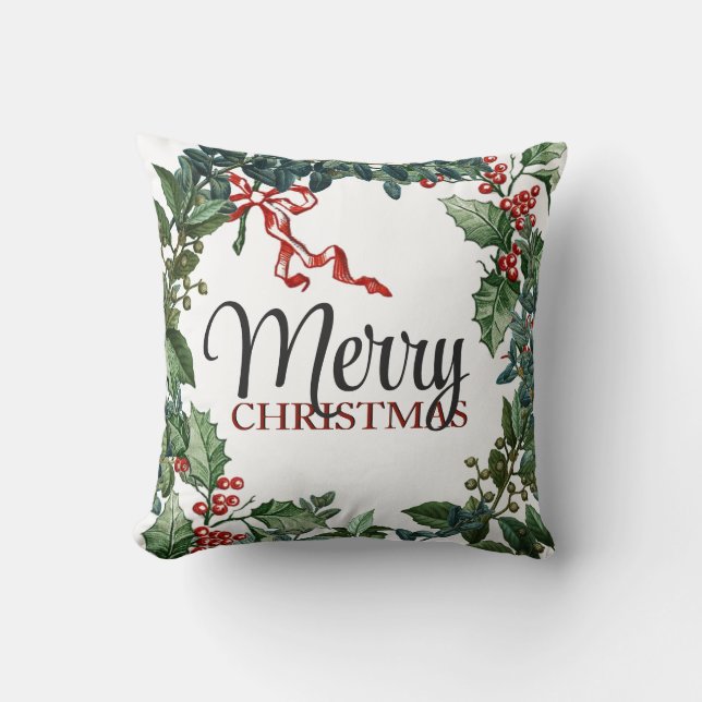 Merry Christmas Wreath Holiday Greenery Bow  Cushion (Front)