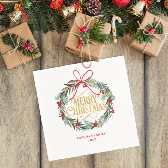 Merry Christmas Wreath Holiday Party Napkins (Christmas Napkin)