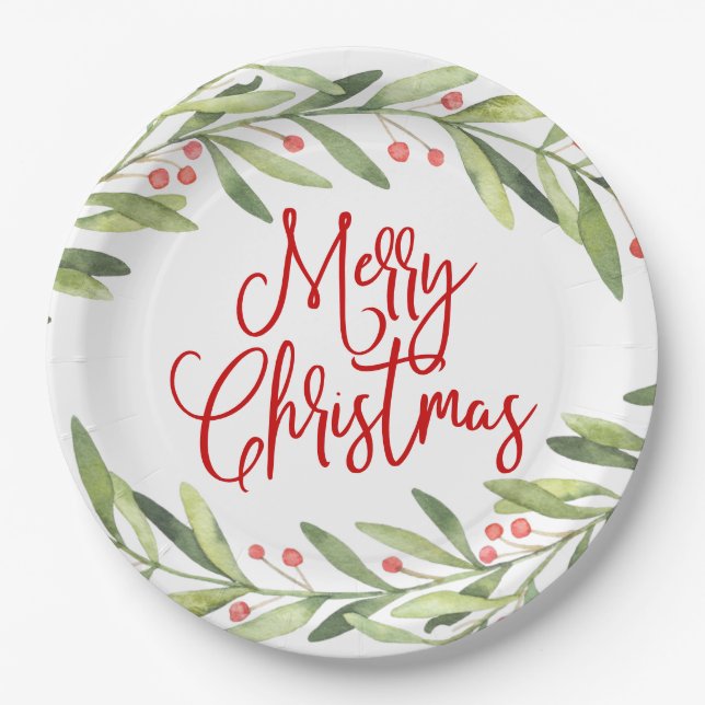 Merry Christmas Wreath Holiday Party Paper Plate (Front)