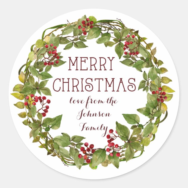Merry Christmas wreath holiday sticker labels (Front)