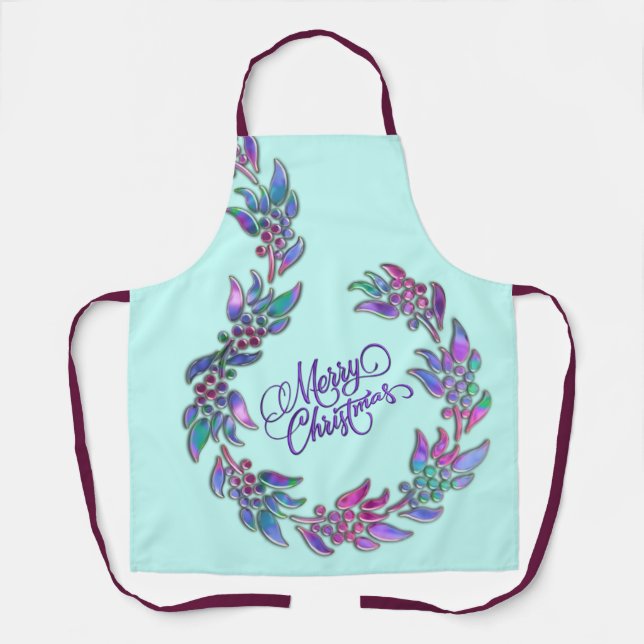 Merry Christmas Wreath Jewel Tones Apron (Front)