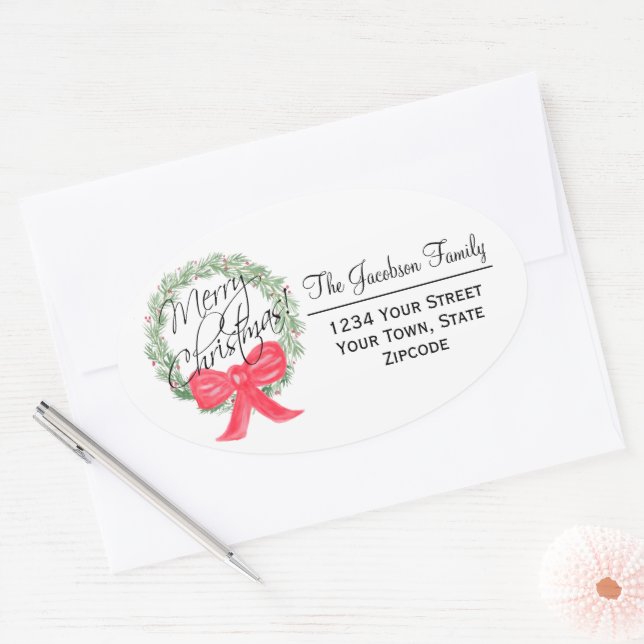 Merry Christmas Wreath Large Return Address Oval Sticker (Envelope)