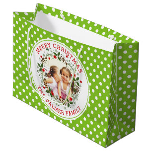 Merry Christmas, wreath, lime green dots photo Large Gift Bag