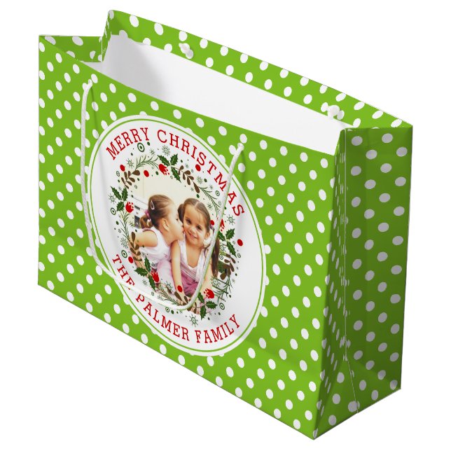 Merry Christmas, wreath, lime green dots photo Large Gift Bag (Front Angled)