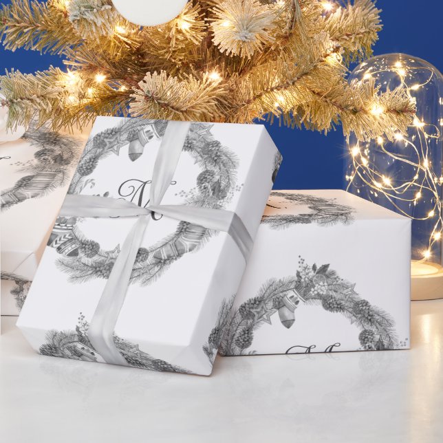 Merry Christmas Wreath Monochrome Black White Wrapping Paper (Holidays)