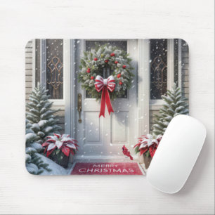 Merry Christmas Wreath On House Door Mouse Mat