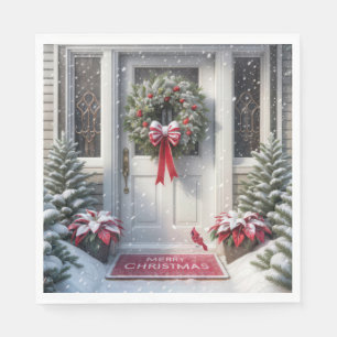 Merry Christmas Wreath On House Door Napkin