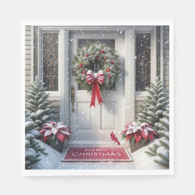 Merry Christmas Wreath On House Door Napkin (Front)