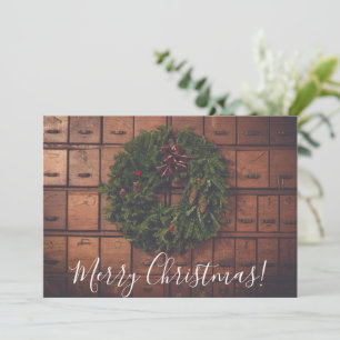 Merry Christmas Wreath on Wooden Boxes Holiday Card
