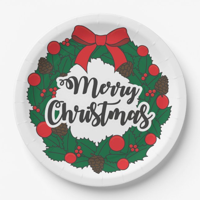 Merry Christmas Wreath Paper Plate (Front)