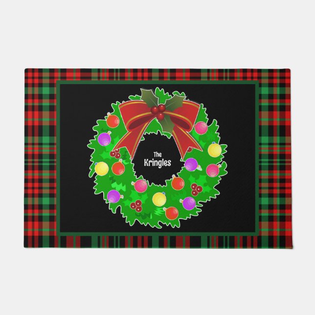 Merry Christmas Wreath Personalise Red Green Plaid Doormat (Front)