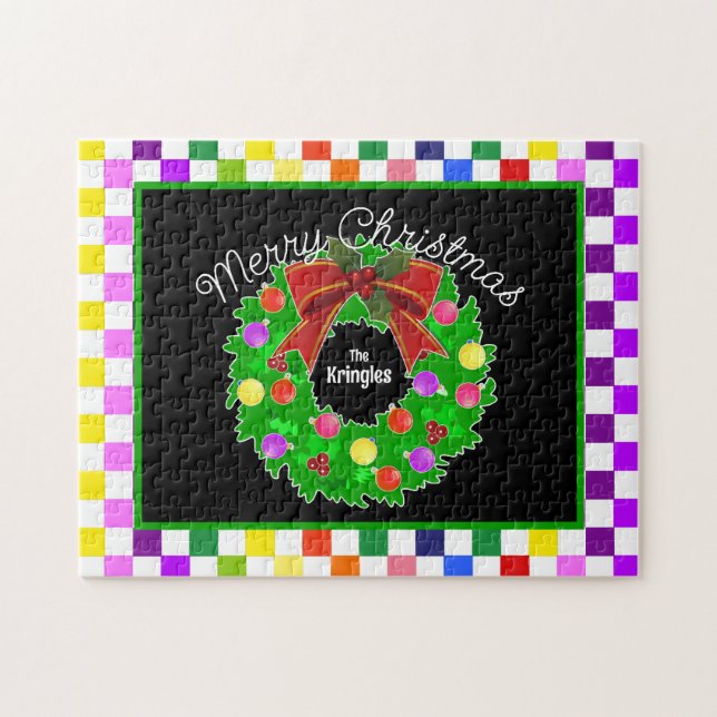 Merry Christmas Wreath Personalised Colourful Jigsaw Puzzle (Horizontal)