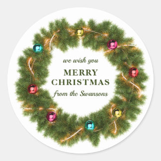 Merry Christmas Wreath Personalised Family Name Classic Round Sticker