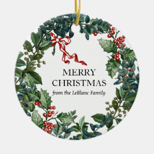 Merry Christmas Wreath Personalised Red Bow Green  Ceramic Tree Decoration