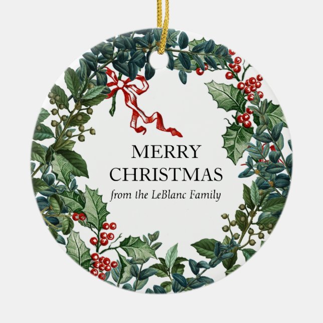 Merry Christmas Wreath Personalised Red Bow Green  Ceramic Tree Decoration (Front)