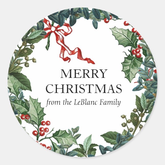 Merry Christmas Wreath Personalised Red Bow Green Classic Round Sticker (Front)