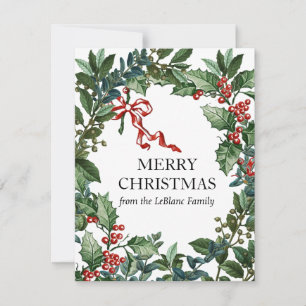 Merry Christmas Wreath Personalised Red Bow Holly Holiday Card