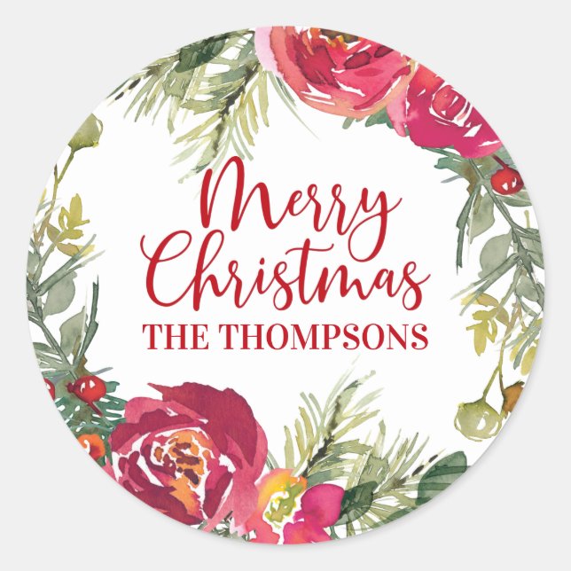 Merry Christmas Wreath Personalised Script Classic Classic Round Sticker (Front)