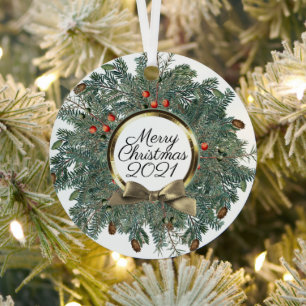 Merry Christmas Wreath Personalised Vintage Gold Metal Tree Decoration