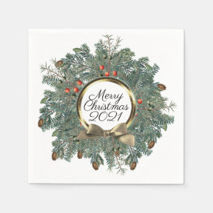 Merry Christmas Wreath Personalised Vintage Gold Napkin