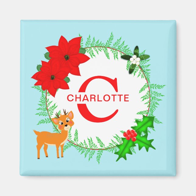 Merry Christmas Wreath Personalized Monogram Magnet (Front)
