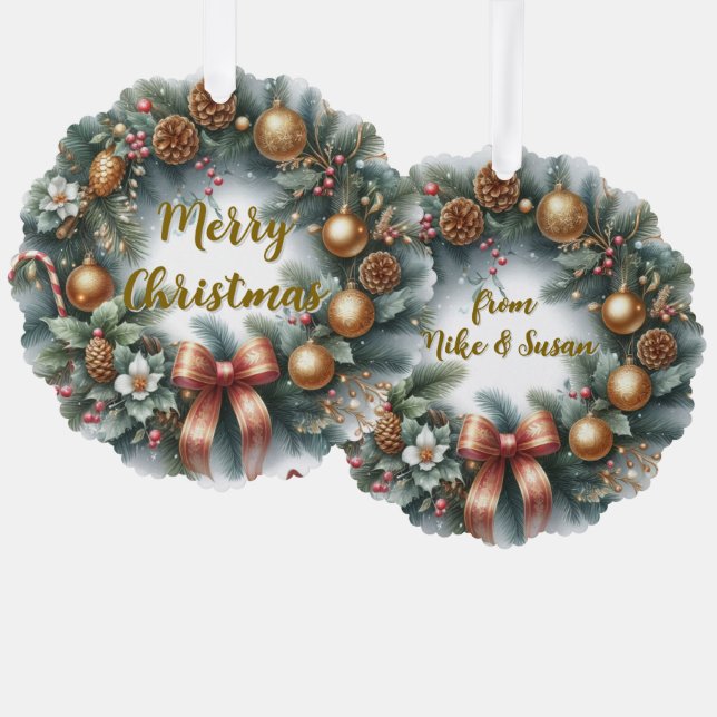 Merry Christmas Wreath Personalized  Tree Decoration Card (Front/Back)