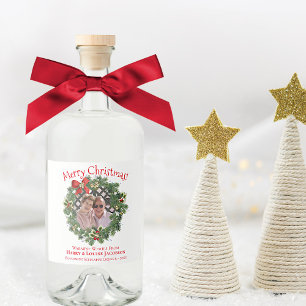 Merry Christmas Wreath Photo Frame Fun Holiday Liquor Bottle Label