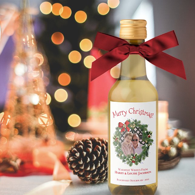 Merry Christmas Wreath Photo Frame Holiday Mini Wine Label (In Situ with Bow)