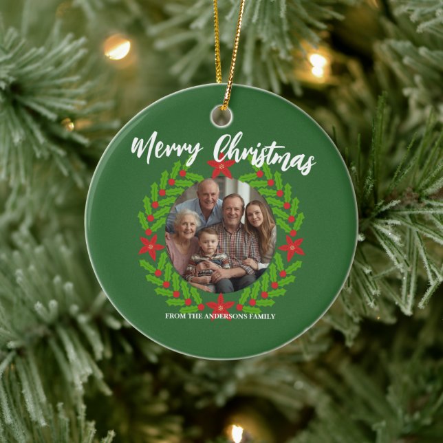 Merry Christmas Wreath Photo Holiday Family Name Ceramic Tree Decoration (Tree)